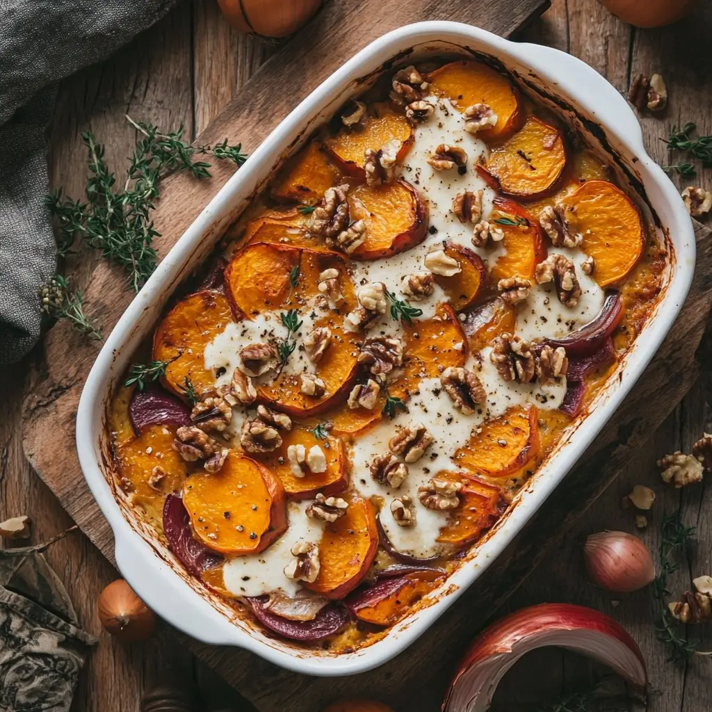 Délice Rustique : Gratin Doré de Légumes d'Automne au Chèvre et Noix