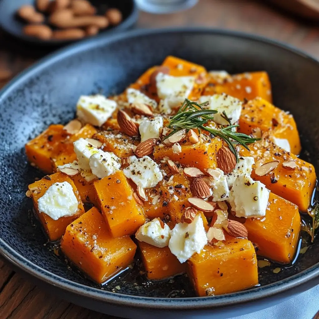 Douceur d'Automne: Courge Musquée Caramélisée au Miel, Feta Crémeux et Amandes Croquantes