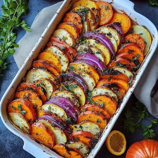 Tian arc-en-ciel : Potimarron, patates douces et carottes fondantes