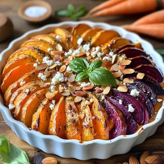 Tian de Légumes Racines au Miel, Amandes Effilées et Feta