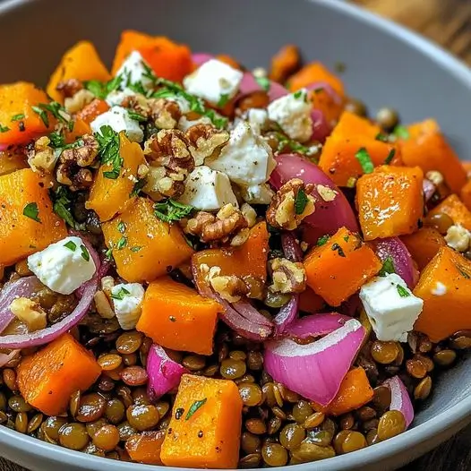 Salade Tiède de Lentilles Corail, Courge Rôtie et Vinaigrette au Miel