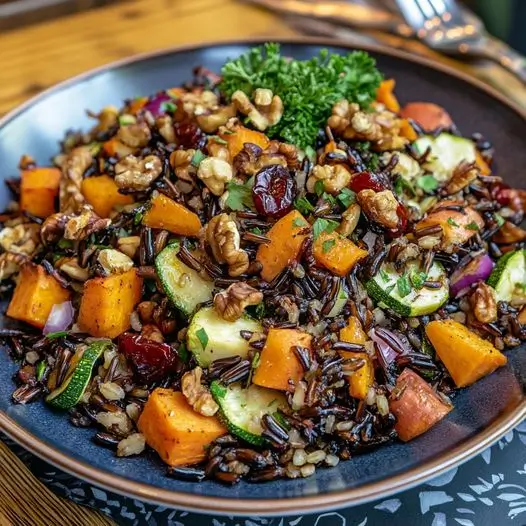 Salade de Riz Sauvage aux Légumes Rôtis et Noix