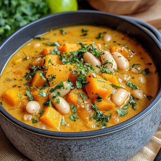 Curry de Haricots Blancs, Potiron et Lait de Noix de Coco aux Épices Douces