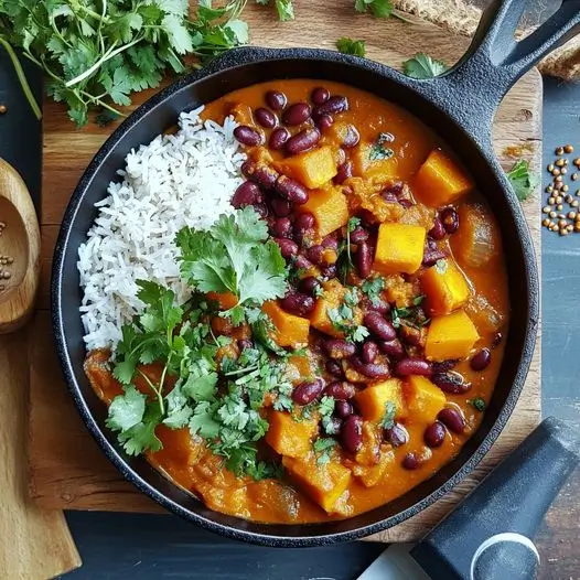 Curry Végétarien de Potimarron et Haricots Rouges au Lait de Soja