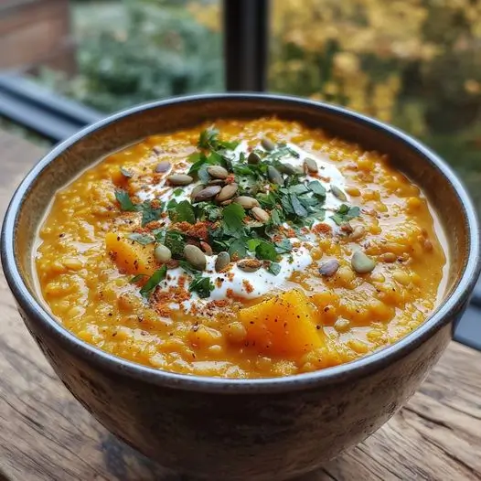 Soupe de lentilles corail et potimarron à la crème de coco