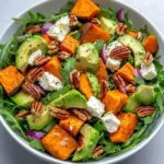 ## Introduction La **salade de patates douces rôties, avocat, feta et noix de pécan** est une explosion de saveurs en un bol ! Cette salade colorée et nutritive combine des textures croquantes et crémeuses, offrant un repas équilibré et délicieux. Les patates douces rôties ajoutent une douceur naturelle, les avocats apportent une onctuosité, tandis que la feta et les noix de pécan ajoutent du caractère et du croquant. Parfaite pour un déjeuner léger ou un dîner entre amis, cette salade saura ravir tous les gourmands. ## Présentation de la recette Cette recette met en avant des ingrédients frais et sains, créant une harmonie de saveurs et de textures. Les patates douces, riches en vitamines et en fibres, sont rôties pour intensifier leur goût sucré, tandis que les avocats mûrs apportent une texture crémeuse. Les noix de pécan, légèrement torréfiées, ajoutent du croquant et une saveur délicate, et la feta émiettée apporte une touche salée qui équilibre le tout. La vinaigrette au miel et au vinaigre balsamique rehausse parfaitement l’ensemble, rendant cette salade à la fois légère et satisfaisante. ### Ingrédients : - 2 patates douces moyennes - 2 avocats mûrs - 150g de feta - 100g de noix de pécan - 100g de roquette - 1 oignon rouge - 3 cuillères à soupe d'huile d'olive - 2 cuillères à soupe de miel - 1 cuillère à soupe de vinaigre balsamique - Sel et poivre ### Préparation : 1. **Préchauffez le four :** Préchauffez le four à 200°C (390°F). 2. **Préparez les patates douces :** Épluchez et coupez les patates douces en cubes. Dans un bol, mélangez-les avec 2 cuillères à soupe d'huile d'olive, du sel et du poivre. 3. **Rôtissez les patates douces :** Disposez les cubes sur une plaque de cuisson et enfournez pour 25-30 minutes, jusqu'à ce qu'ils soient tendres et dorés. Laissez refroidir légèrement après la cuisson. 4. **Préparez les autres ingrédients :** Pendant ce temps, émincez finement l'oignon rouge et concassez grossièrement les noix de pécan. Faites-les torréfier à sec dans une poêle à feu moyen pendant environ 3-5 minutes, jusqu'à ce qu'elles soient légèrement dorées et parfumées. 5. **Préparez la vinaigrette :** Dans un petit bol, mélangez le reste d'huile d'olive, le miel et le vinaigre balsamique. Assaisonnez avec du sel et du poivre selon votre goût. 6. **Assemblez la salade :** Dans un grand saladier, mélangez la roquette avec la vinaigrette. Ajoutez les patates douces refroidies, les avocats coupés en cubes, la feta émiettée, l'oignon rouge et les noix de pécan. 7. **Mélangez et servez :** Mélangez délicatement tous les ingrédients pour bien les enrober de vinaigrette. Servez immédiatement pour profiter de la fraîcheur des ingrédients. ### Temps de préparation : 15 minutes ### Nombre de portions : 4 ### Calories par portion : Environ 480 kcal ## Servir Cette salade se déguste fraîche, idéale pour un déjeuner léger ou un dîner d'été. Elle peut également être servie en accompagnement d'un plat principal ou comme entrée lors d'un repas. Pour une présentation encore plus jolie, ajoutez quelques feuilles de roquette supplémentaires sur le dessus et un filet de vinaigrette avant de servir. ## FAQ **Q : Peut-on préparer cette salade à l'avance ?** R : Il est préférable de préparer les composants de la salade à l'avance, mais il est recommandé de mélanger les ingrédients juste avant de servir pour maintenir la fraîcheur des avocats et de la roquette. **Q : Peut-on utiliser d'autres noix ?** R : Oui, vous pouvez remplacer les noix de pécan par des noix, des amandes ou des noisettes selon vos préférences. **Q : La feta peut-elle être remplacée ?** R : Oui, vous pouvez utiliser du fromage de chèvre ou du fromage feta végétalien si vous souhaitez une option sans produits laitiers. **Q : Comment conserver les restes ?** R : Les restes peuvent être conservés dans un récipient hermétique au réfrigérateur pendant 1 à 2 jours. Les av