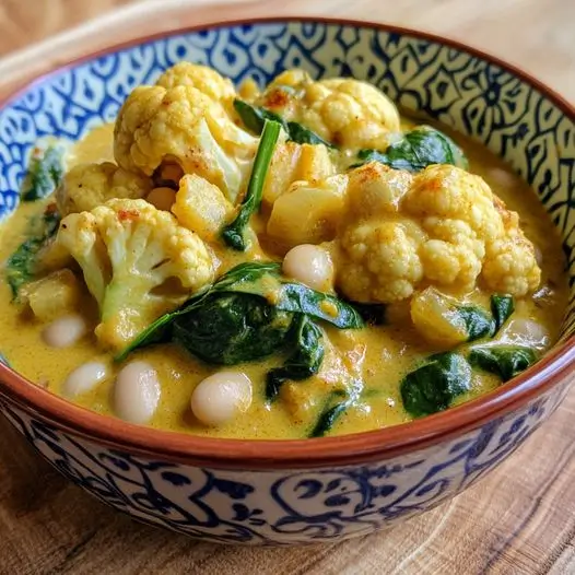 Curry de Chou-Fleur, Épinards et Haricots Blancs au Lait d'Amande