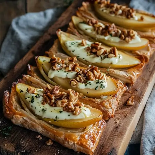 Croustillant d'endives et de poires caramélisées, crème de Roquefort et noix