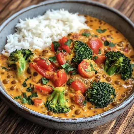 Curry Végétalien Brocoli, Lentilles & Tomates au Lait d'Amande