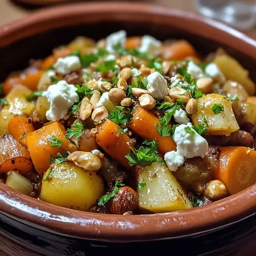 Tajine Réconfortant de Légumes d'Hiver, Sauce Onctueuse aux Noisettes et Fromage de Chèvre