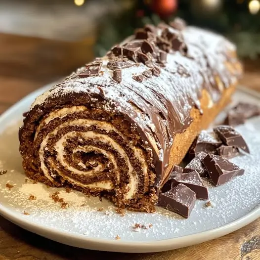 Bûche de Noël roulée au chocolat et praliné