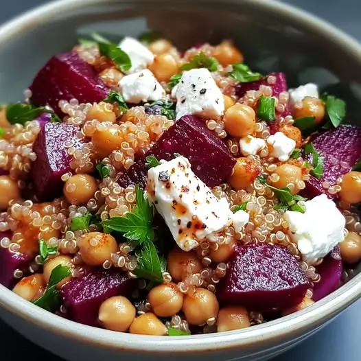 Salade de Quinoa et Pois Chiches avec Betteraves Rôties et Fromage Feta