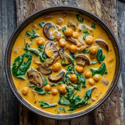 Curry de Champignons, Épinards et Pois Chiches au Lait d'Amandes