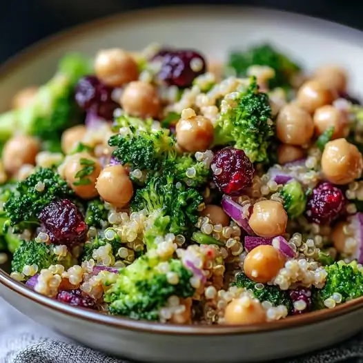 Salade tiède de brocoli, quinoa et pois chiches, sauce tahini-citron - Un Délice Sain et Savoureux !