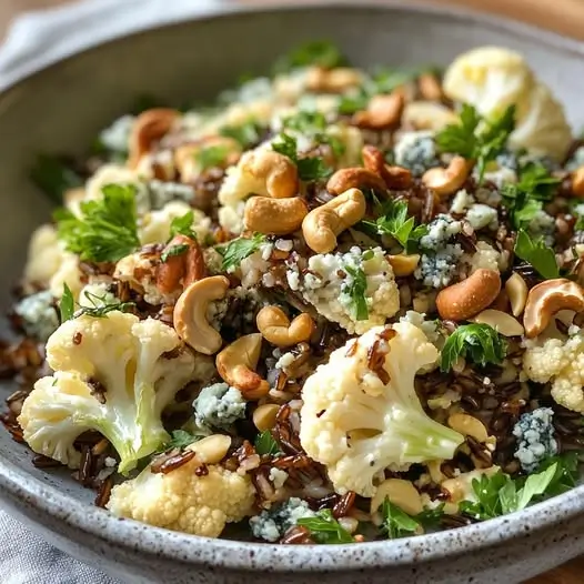 Salade de Riz Sauvage et Noix de Cajou avec Choux-Fleurs Rôtis et Fromage Bleu Émietté