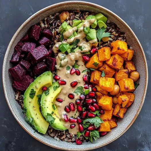 Bol de Bouddha au Riz Sauvage, Légumes Rôtis et Sauce Tahini