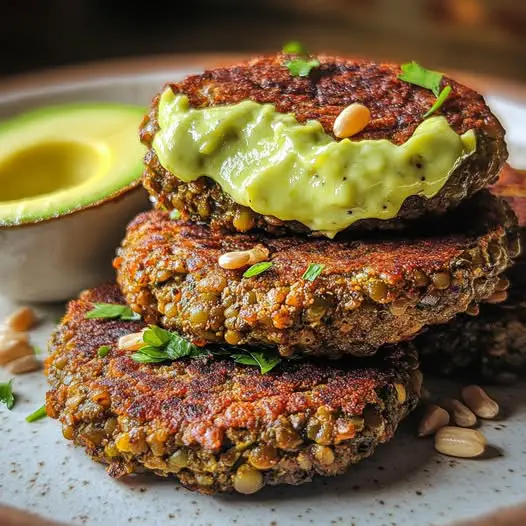 Galettes de Lentilles au Cumin, Sauce à la Crème d'Avocat et Graines de Tournesol