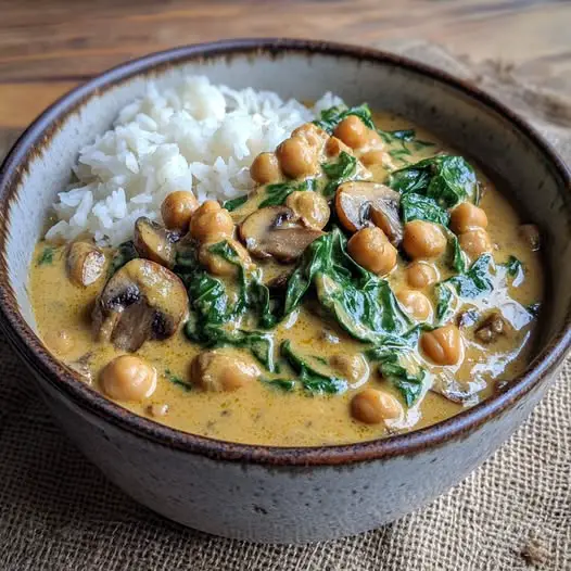 Ragoût de Pois Chiches, Épinards et Champignons à la Sauce Curry Crémée