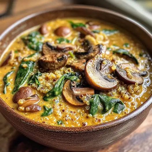 Stew de Quinoa, Épinards et Champignons à la Sauce Curry et Noix de Coco