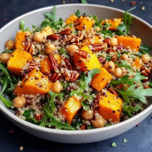 Salade tiède de butternut, quinoa et pois chiches, sauce au tahini-ail