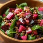 Salade de betteraves, d'épinards et de lentilles avec vinaigrette balsamique et miel