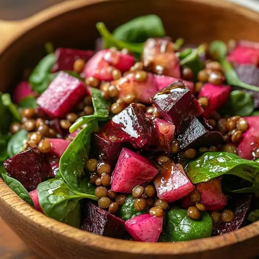 Salade de betteraves, d'épinards et de lentilles avec vinaigrette balsamique et miel