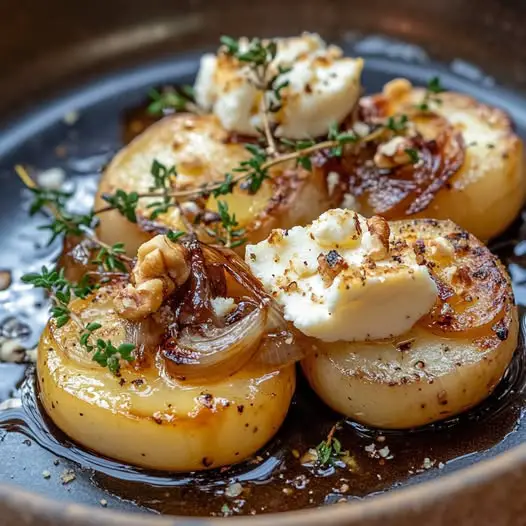 Navets Rôtis au Miel et au Citron, Chèvre Grillé et Oignons Caramélisés