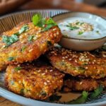 Galettes de Pois Chiches au Coriandre, Sauce au Yaourt et Graines de Sésame