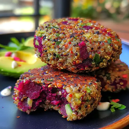 Galettes vibrantes de quinoa, betterave et avocat avec sauce au yaourt et au citron