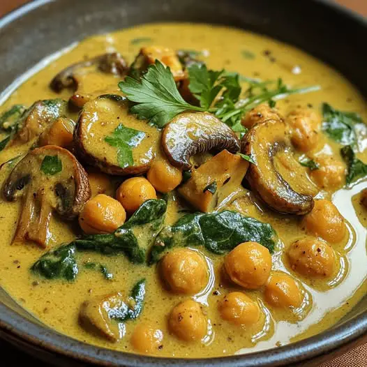 Curry de Champignons, Épinards et Pois Chiches à la Sauce Coco et au Citron