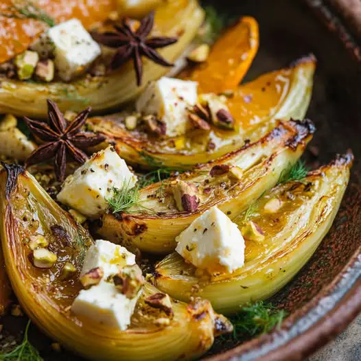 Fenouil Rôti à l'Orange et à l'Anis Étoilé, Feta Marinée aux Herbes et Pistaches