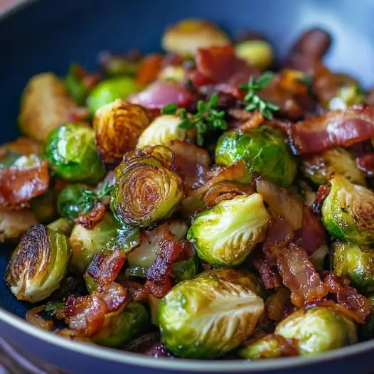 Poêlée de Choux de Bruxelles, Lardons et Oignons Caramélisés