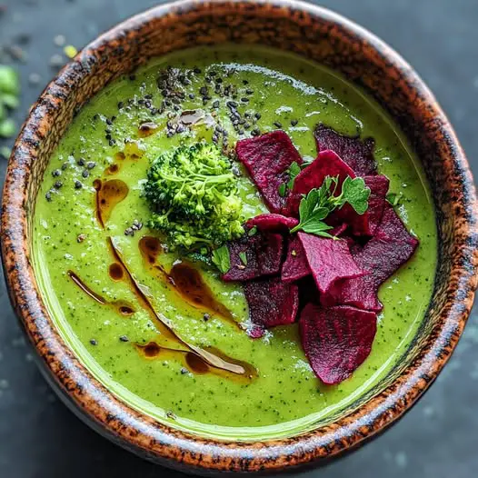 Velouté de Brocoli au Curry et Lait de Coco avec Chips de Betterave