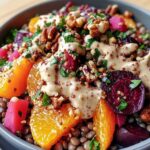 Salade de Lentilles, Betterave, Orange et Noix, Sauce Crémeuse à la Tahini