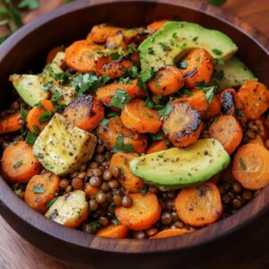 Salade de Carottes Rôties, Lentilles et Avocat