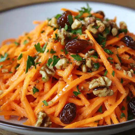 Salade de Carottes Râpées, Raisins Secs et Noix avec Vinaigrette au Cumin