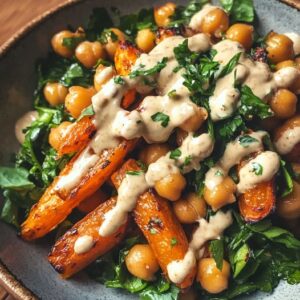 Salade Tiède de Pois Chiches, Carottes Rôties et Sauce Tahini