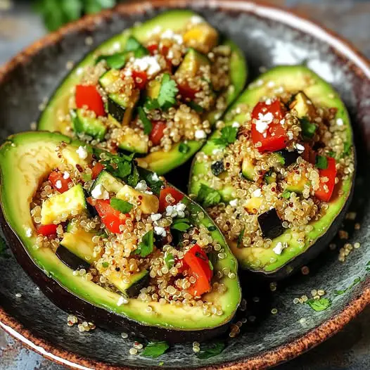 Avocat farci à la salade de quinoa, feta et légumes grillés