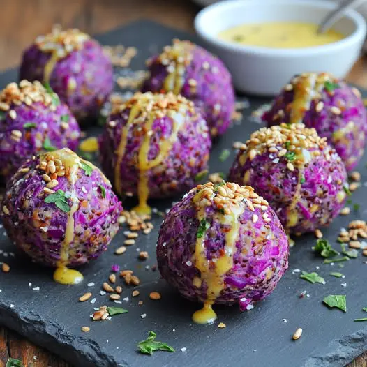 Boulettes de Noix de Cajou et Chou Rouge, Sauce Citron-Graines de Tournesol