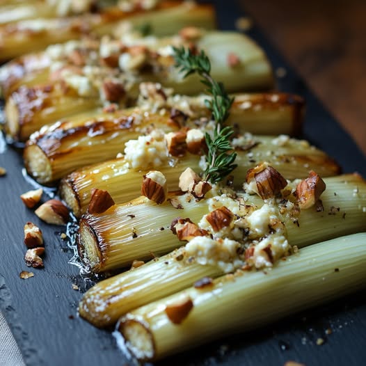 Poireaux Rôtis au Miel et Moutarde, Gorgonzola et Noisettes