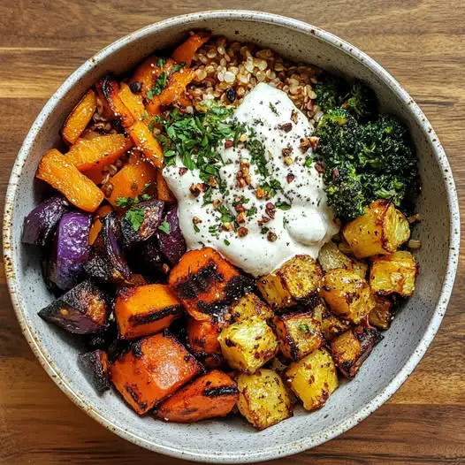 Bol de quinoa aux légumes rôtis d’hiver et sauce tahini