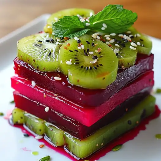 Betteraves rôties et kiwis en millefeuille