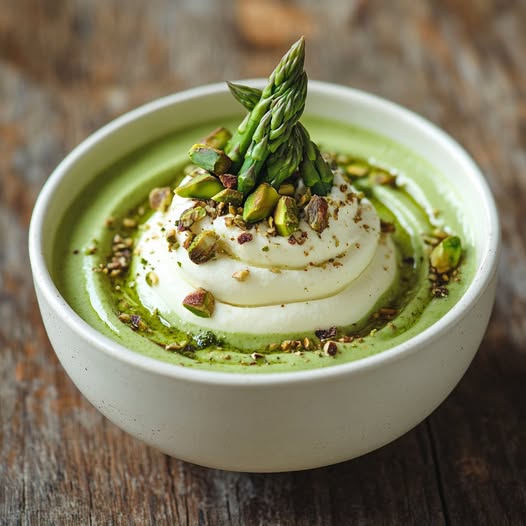 Velouté d’Asperges Vertes & Mousse de Chèvre, crumble de pistaches