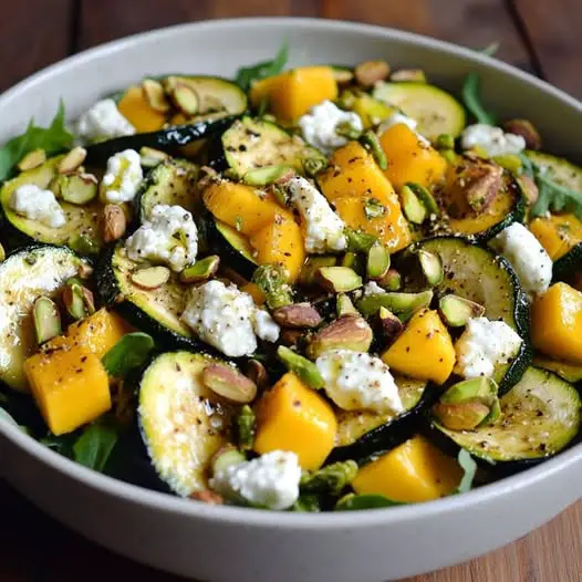 Salade de Courgettes Rôties, Mangue, Fromage de Chèvre et Pistaches