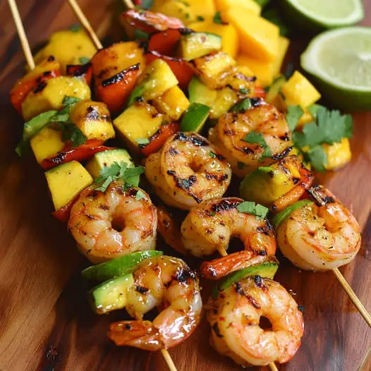 Brochettes de Gambas Marinées au Citron Vert, Gingembre et Coriandre, avec une Salade de Mangue et Avocat