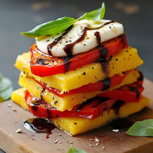 Millefeuille de Polenta Grillée, Poivrons Confits et Mozzarella di Bufala