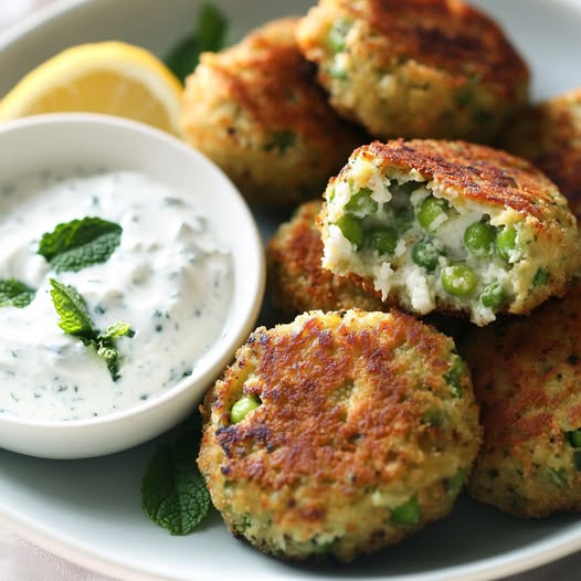 Galettes de Petits Pois & Feta à la Menthe, Sauce Yaourt Grec au Citron Confit
