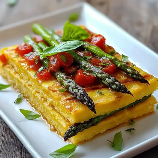 Millefeuille de Polenta Gratinée, Asperges Vertes et Coulis de Tomates Fraîches