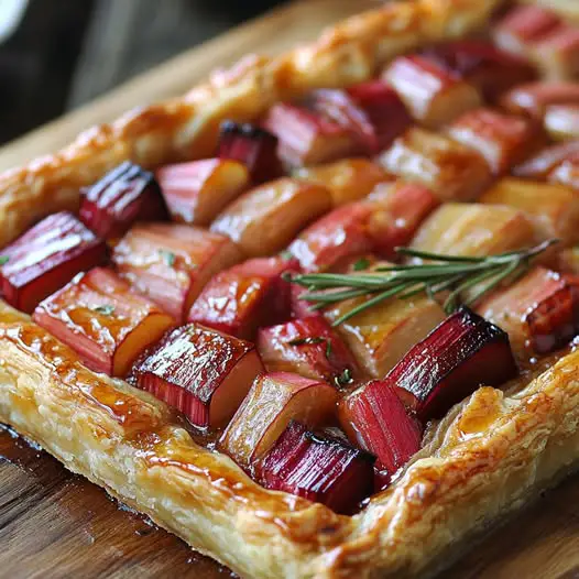 Tarte Fine à la Rhubarbe Rôtie, Miel et Romarin