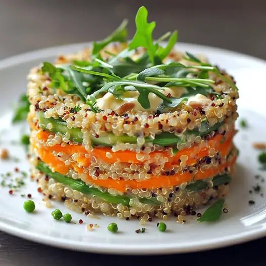 Timbal de Quinoa, Espárragos, Zanahoria y Crema de Queso de Hierbas